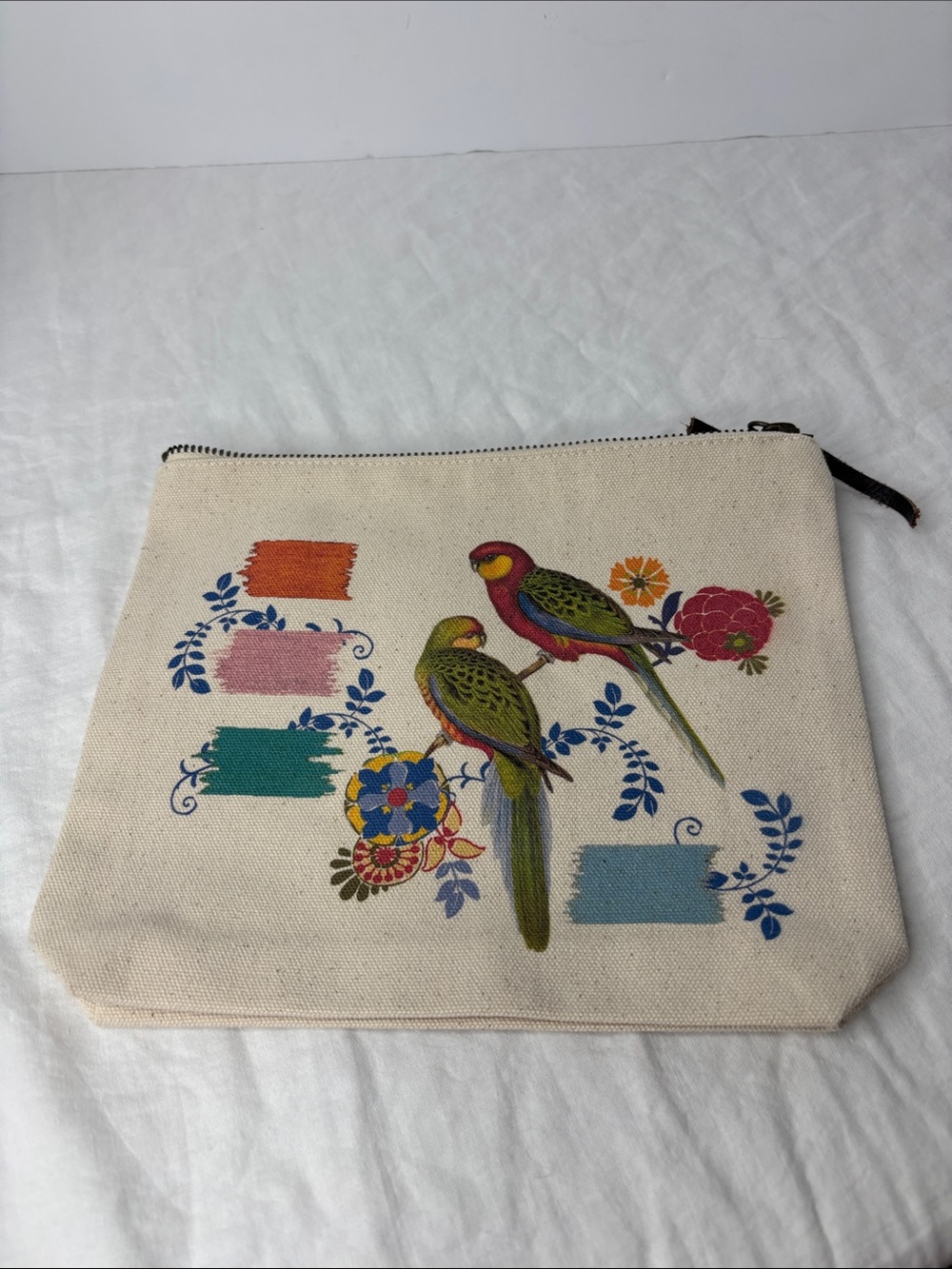 Potluck Press Parrot Floral Canvas Pouch NWOT